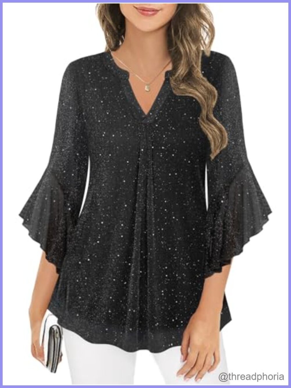 Women's Sparkly Sequin Blouse 3/4 Bell Sleeve V-Neck Party Tunic Top
